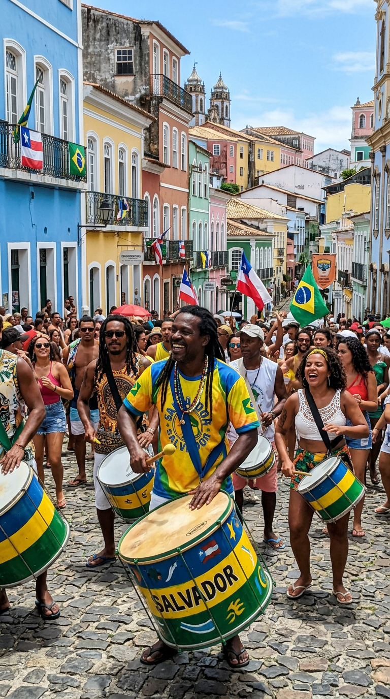 Grupo de percussão tocando samba no Pelourinho